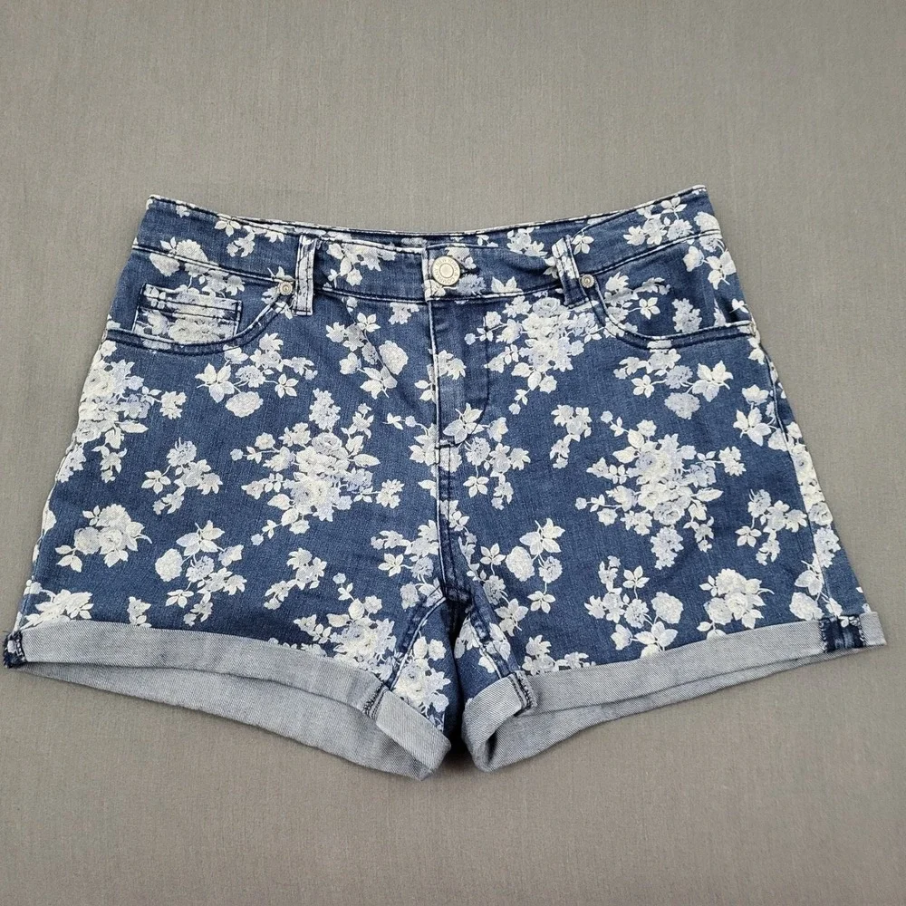 New‎ York & Company Womens Blue Floral Denim Cuffed Shorts Sz 6 Mid Rise Stretch
